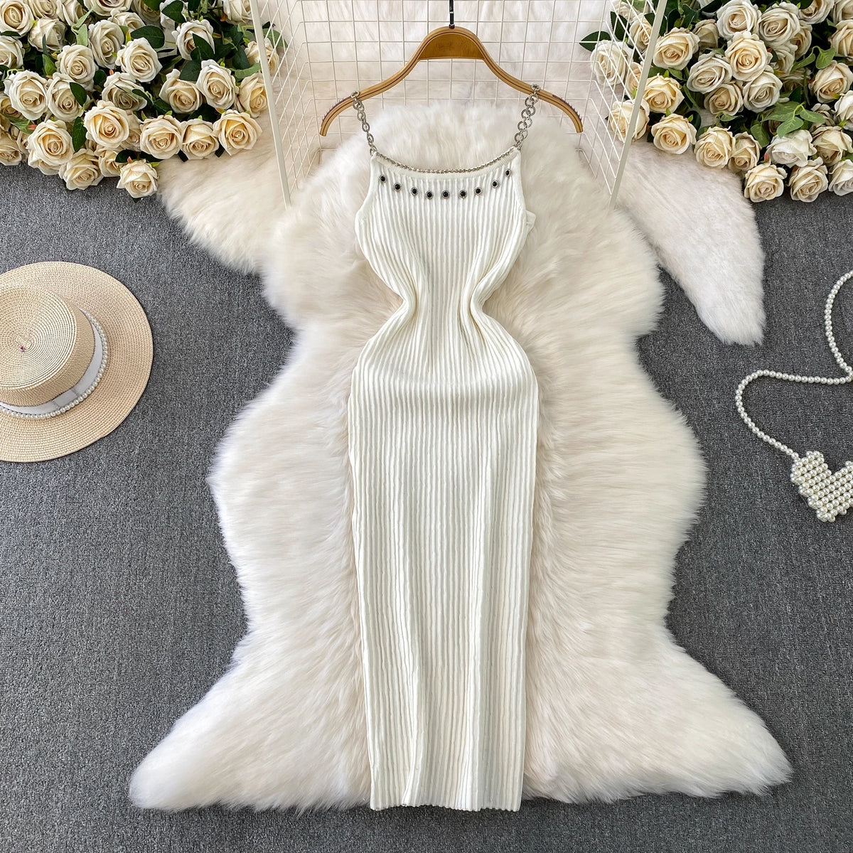 Chain Strap Off-Shoulder Knit Dress