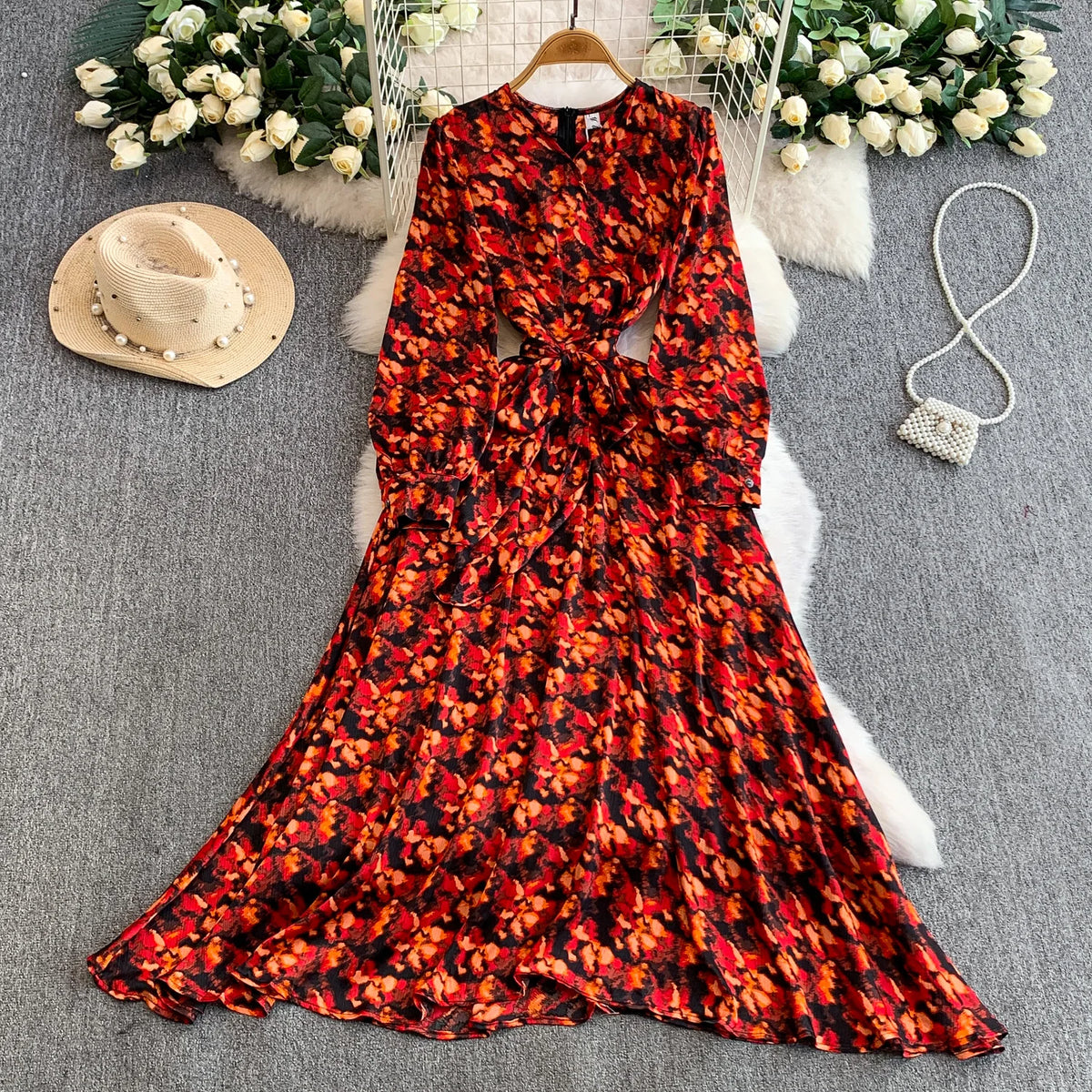 Slim V-Neck Long Sleeve Boho Dress