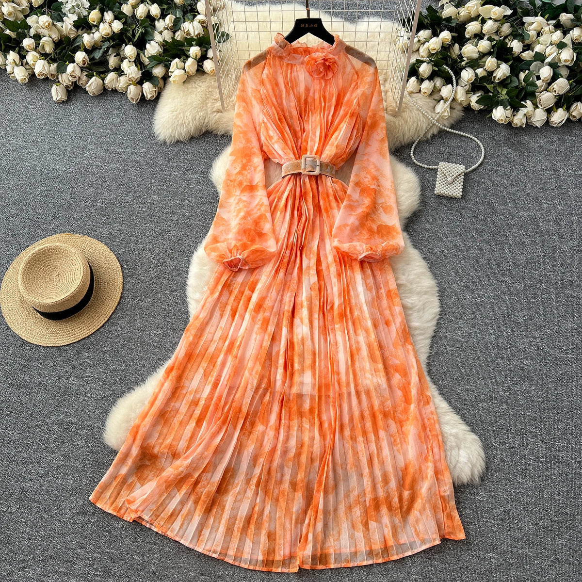 Pleated Print Lantern Sleeve Birthday Dress