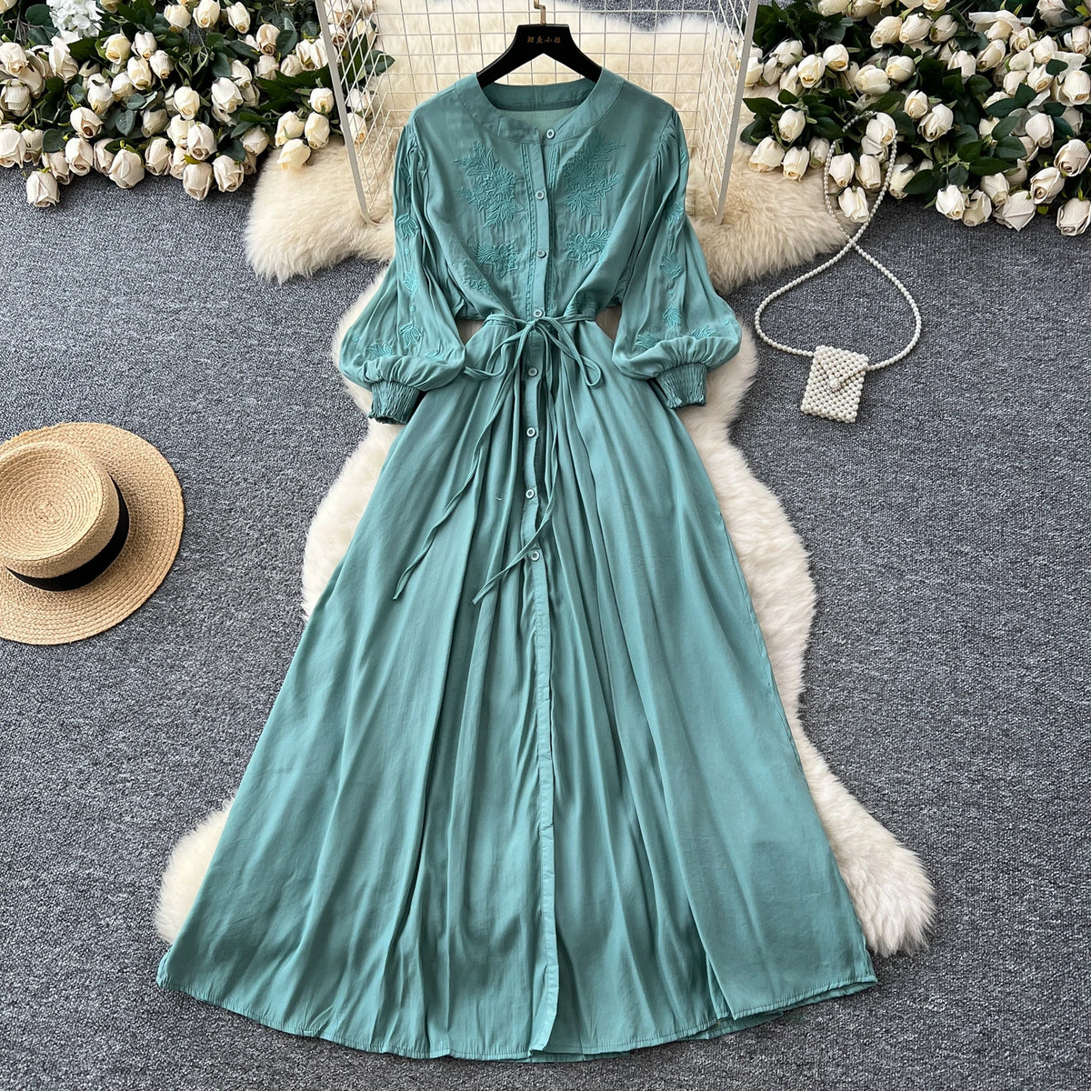 Embroidered Button A-Line Summer Dress