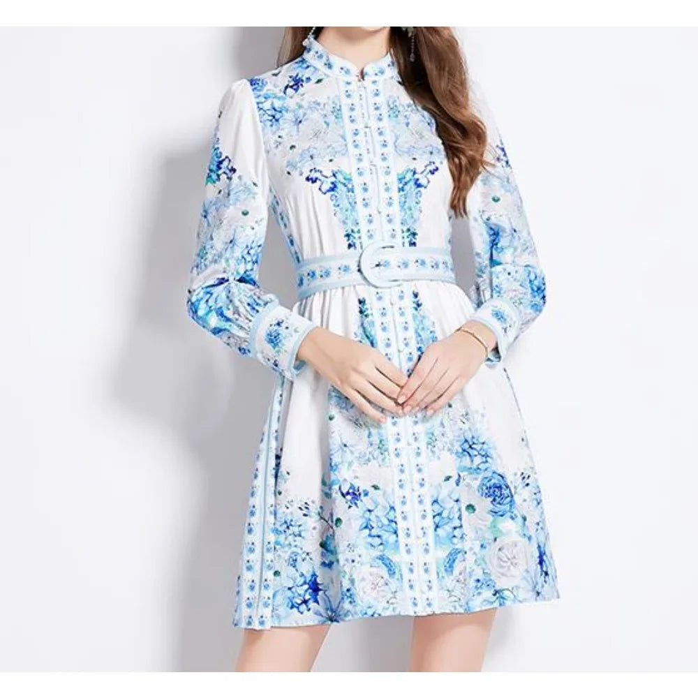 Vintage Print Button Front A-Line Dress