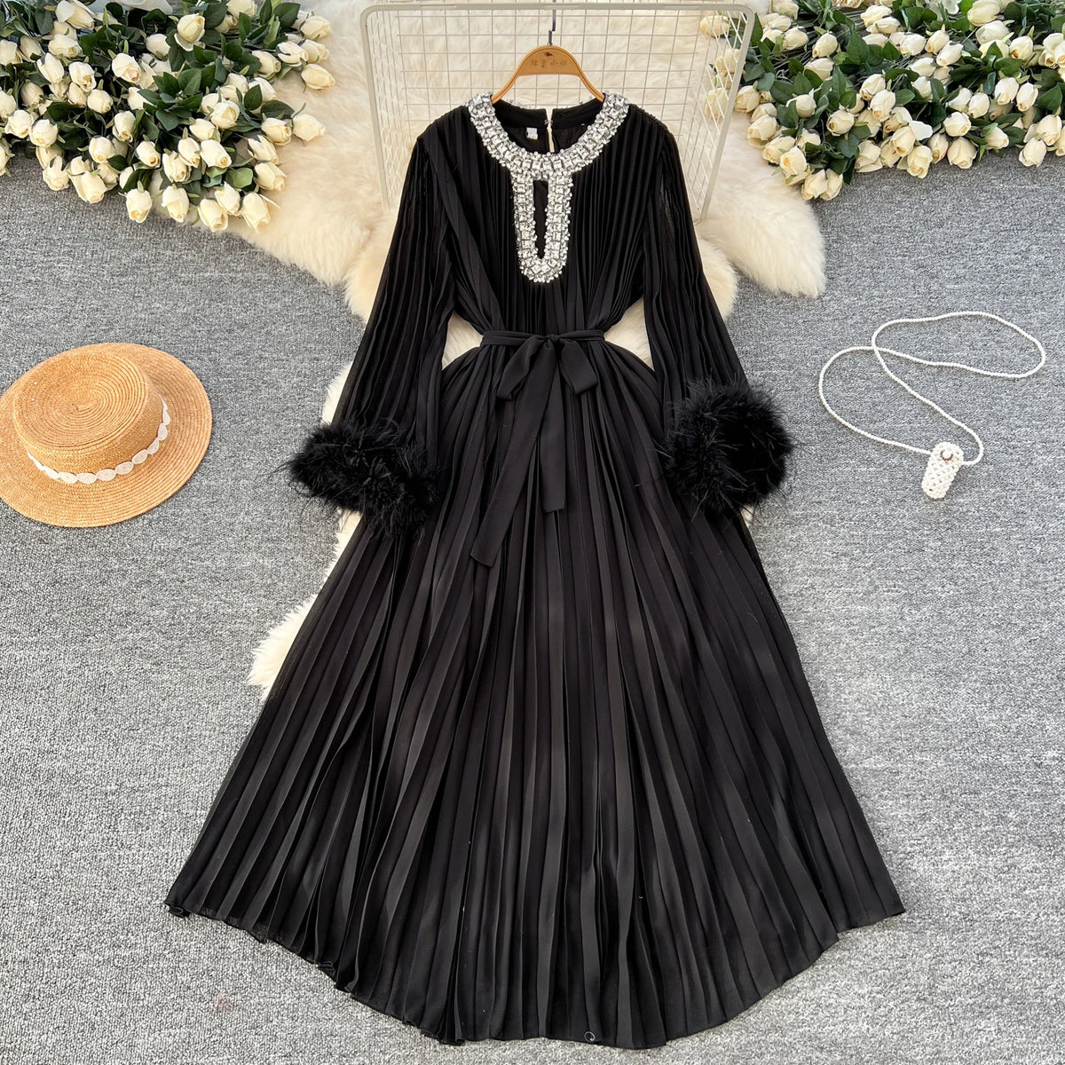 Rhinestone Plush Pleated Maxi Dress