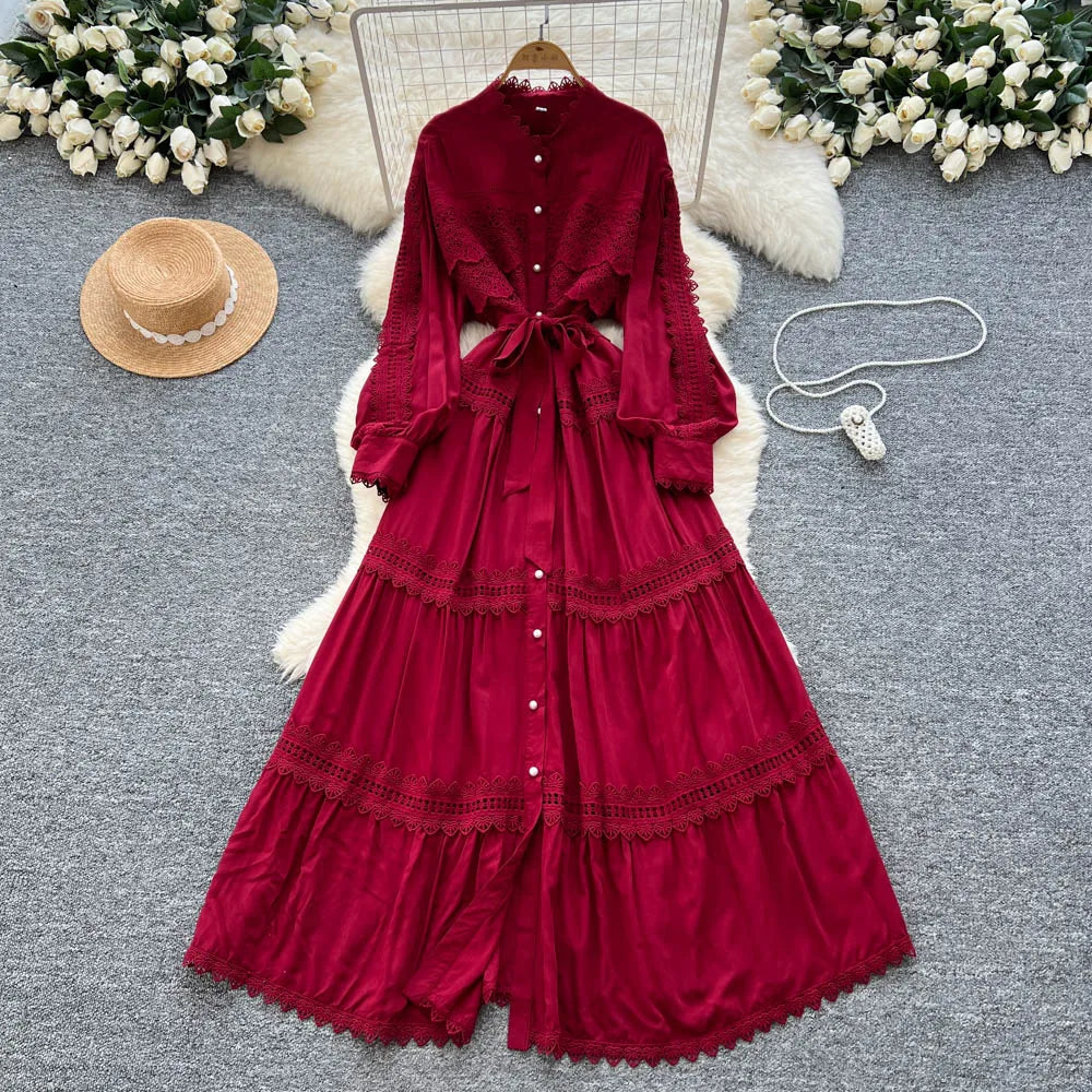 Crochet Cutout Button Long Dress