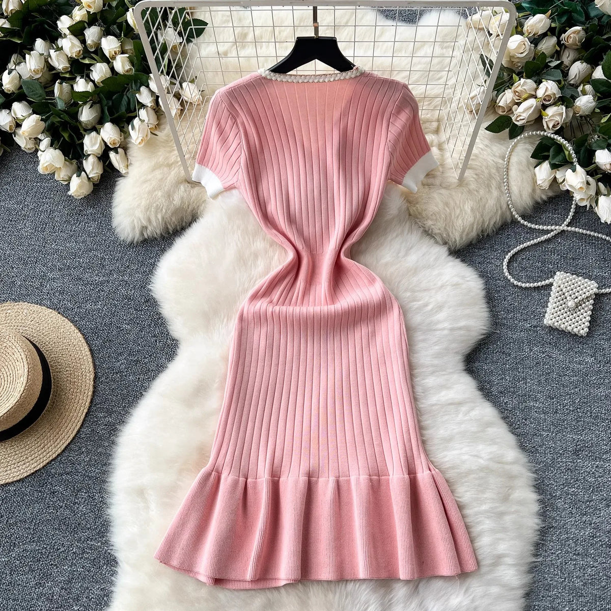 Buttoned Rib Knit Mermaid Party Dress