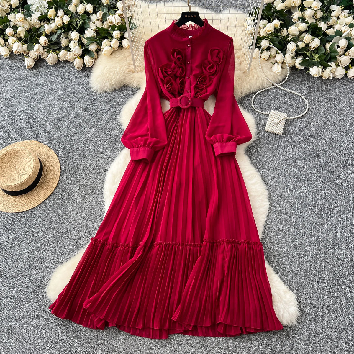 3D Floral Chiffon Ruched Dress