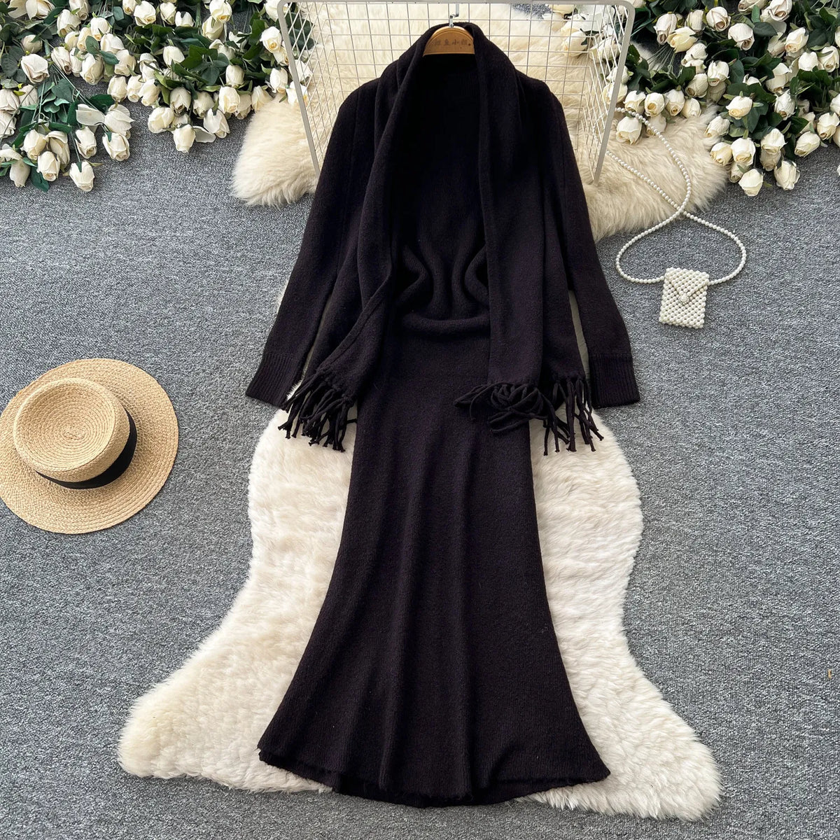 Knit Halter Cami Dress and Cardigan Set