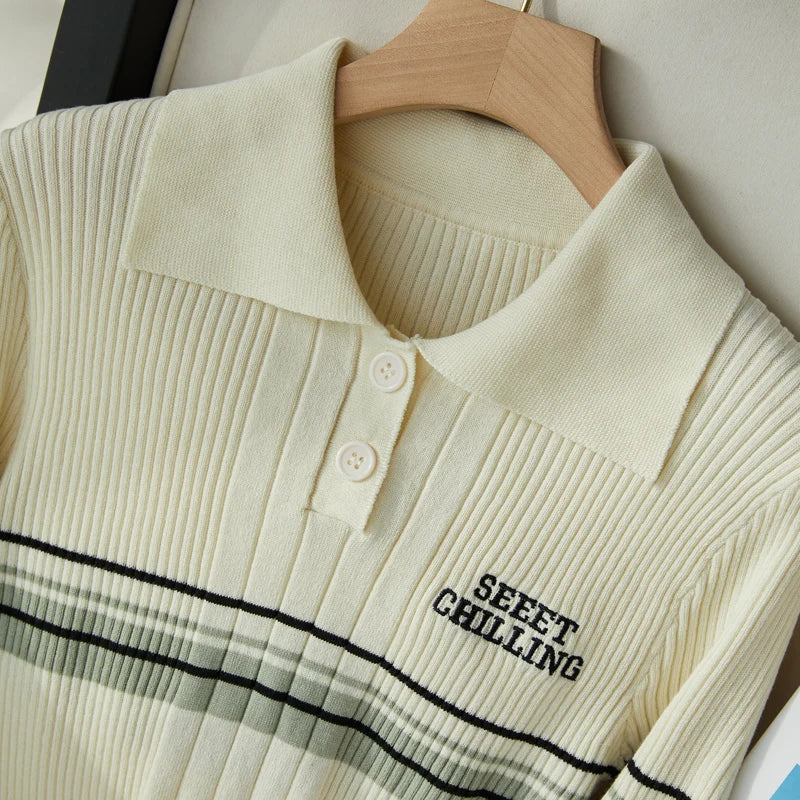 Embroidered Polo Rib Knit Top