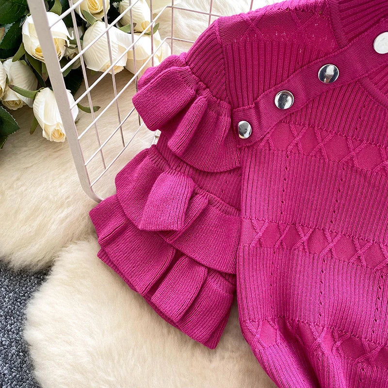Metal Button Ruffle Knit Dress