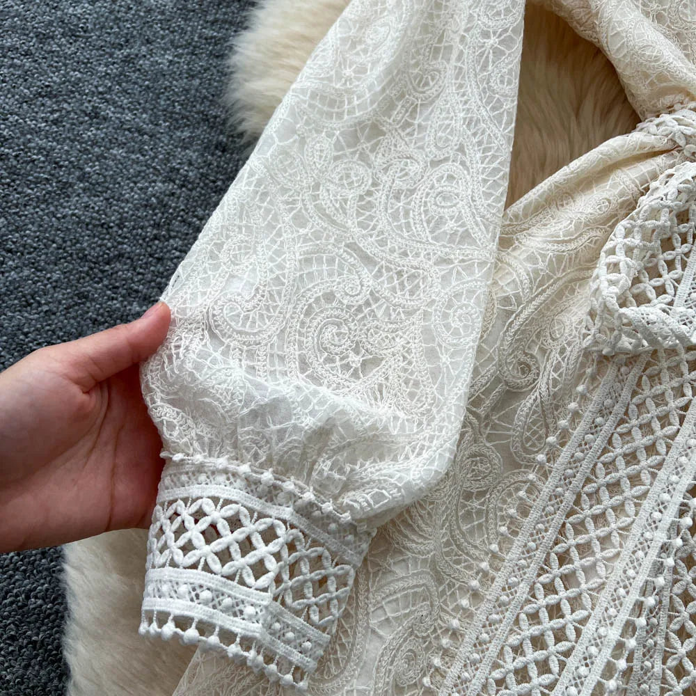 Lace Cutout Ruched Long Sleeve Dress