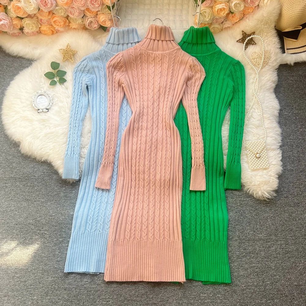 Twist Turtleneck Knit Sweater Dress