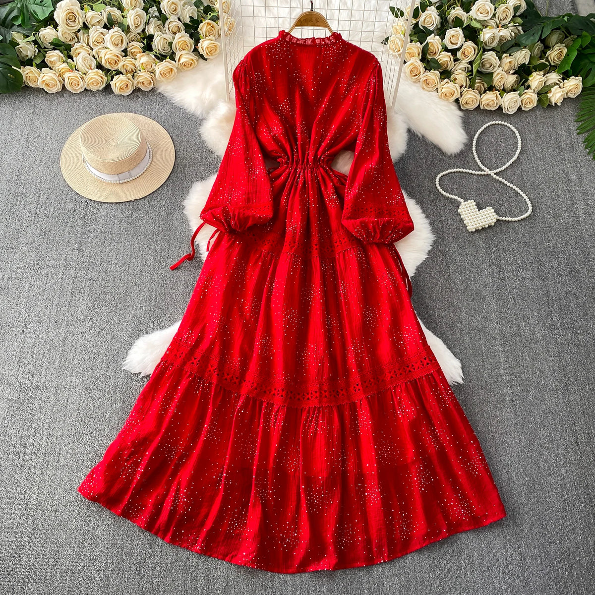 Lace Drawstring Ruched Boho Long Dress