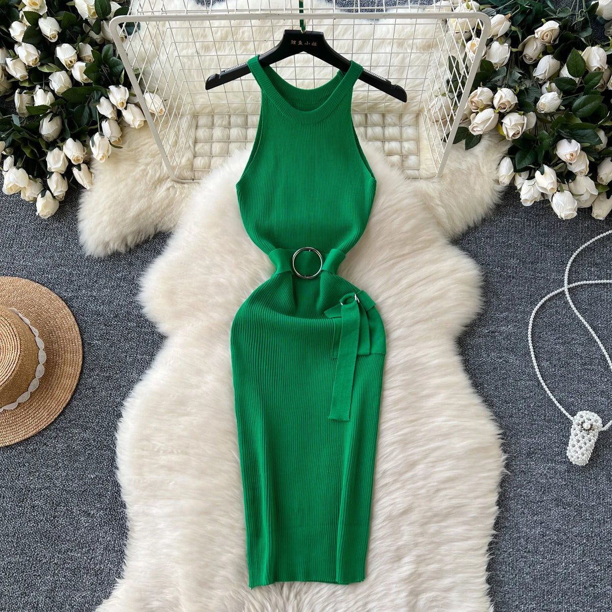 Sash Tie Knit Bodycon Party Dress