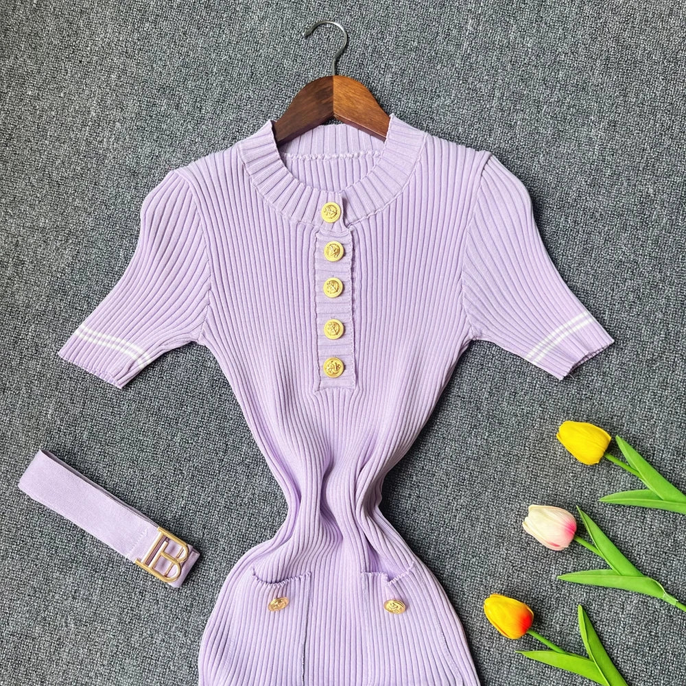 Belted Button Knit Bodycon Sweater Dress