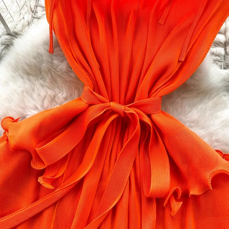 Ruffle Trim Stand Collar Chiffon Long Dress