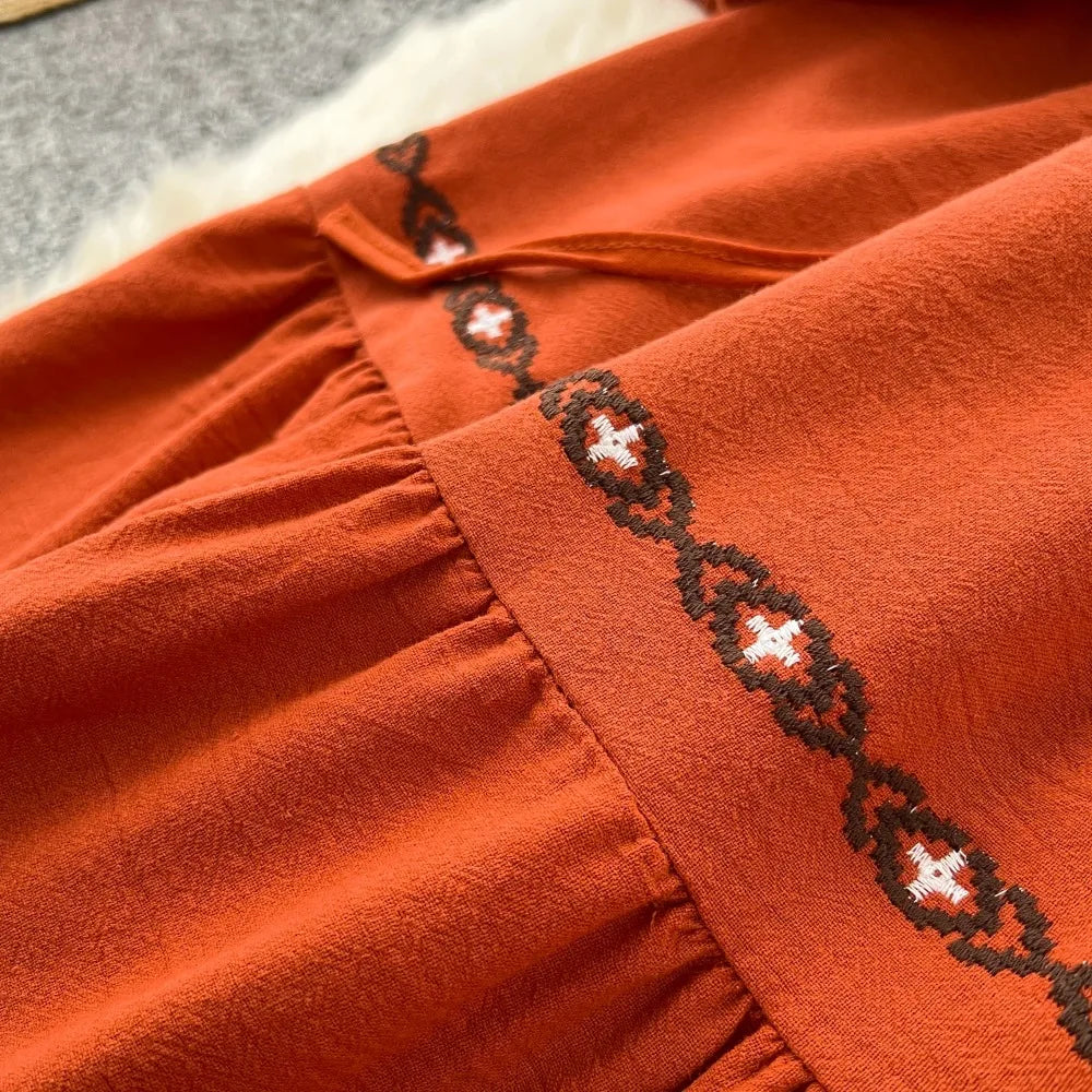 Embroidered Ruffle Lace-Up Maxi Dress