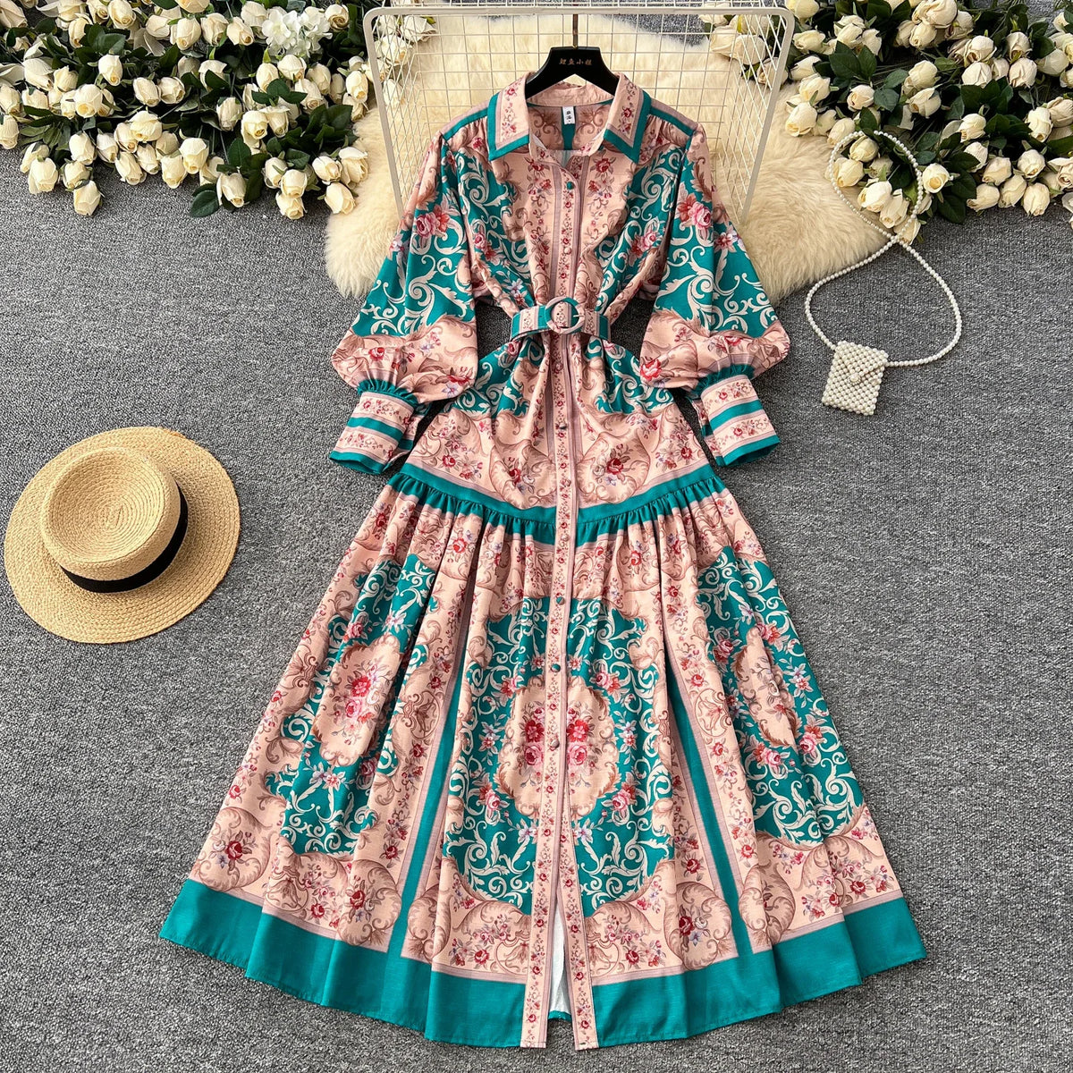 Print Single Breasted Puff Sleeve Dress
