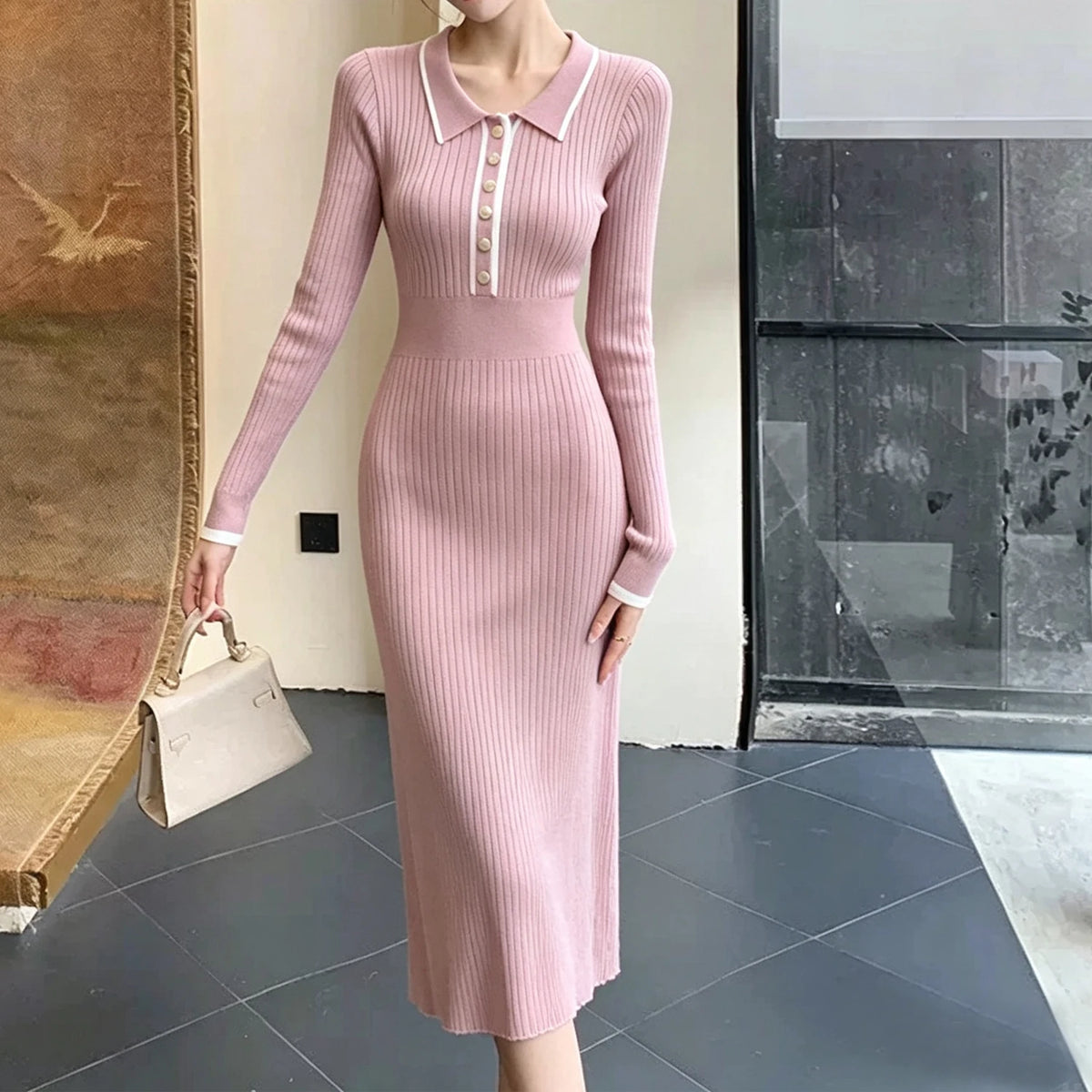 Collared Knit Maxi Sweater Dress