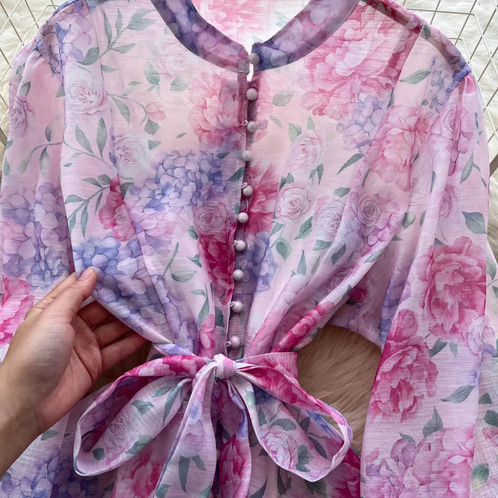 Split Print Pleated Long Sleeve Dress