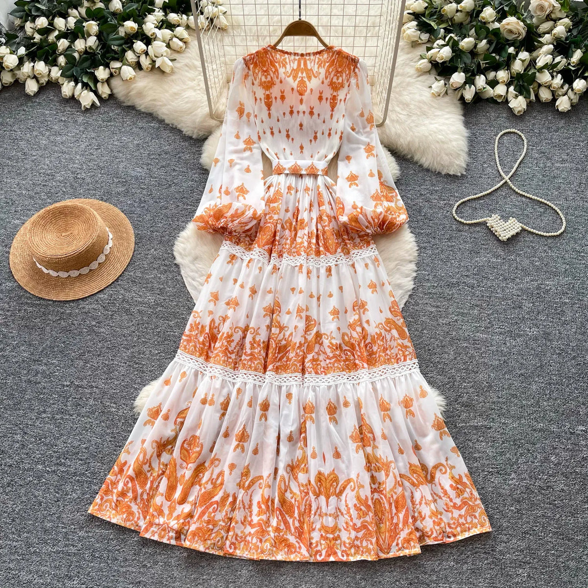 Print Cutout Pleated Swing Maxi Dress