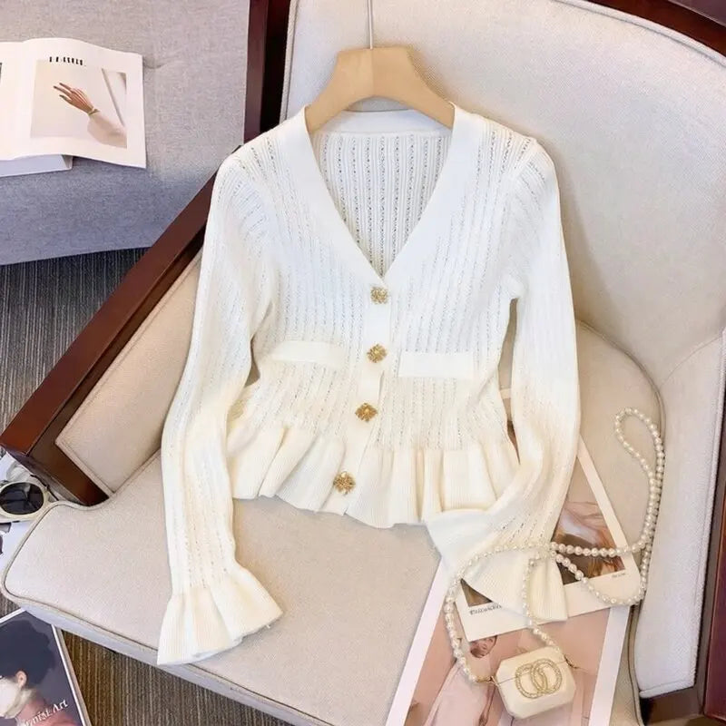Rhinestone Ruffled V-Neck Knit Cardigan