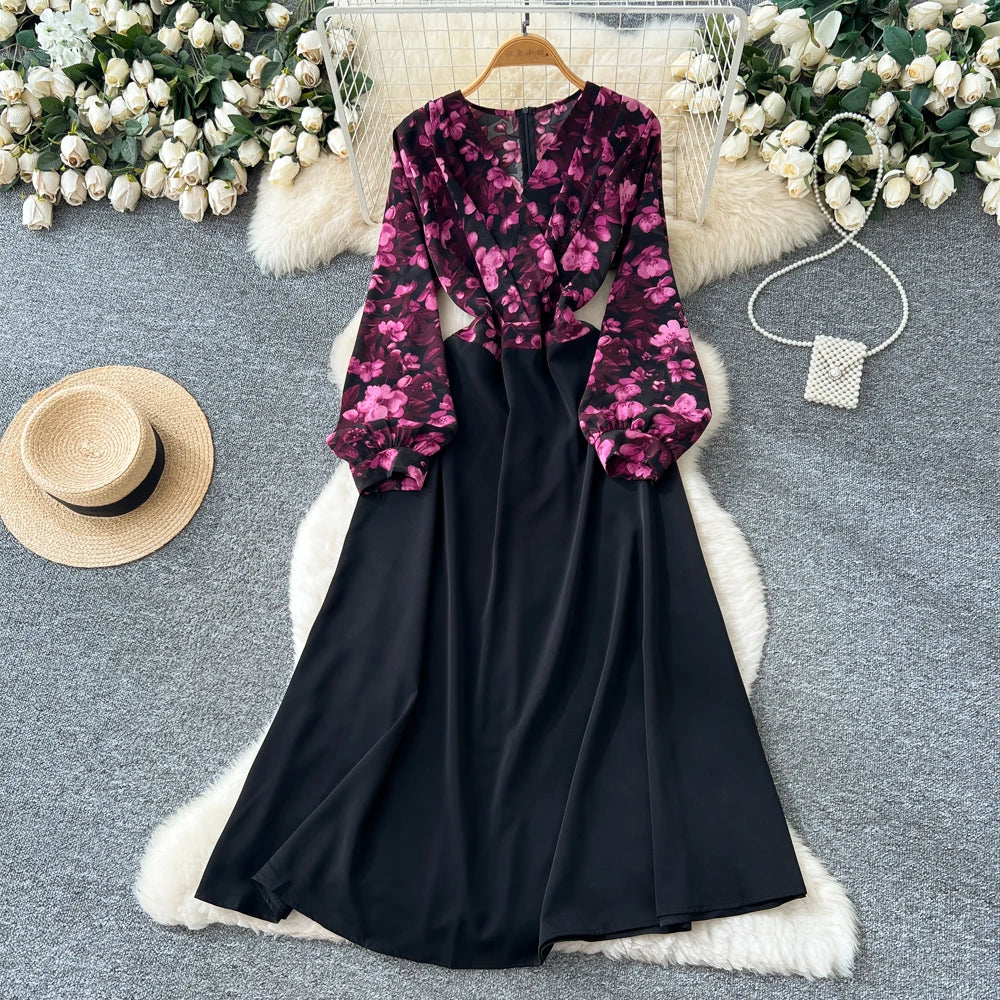 Satin Print Ruched Long Sleeve Dress