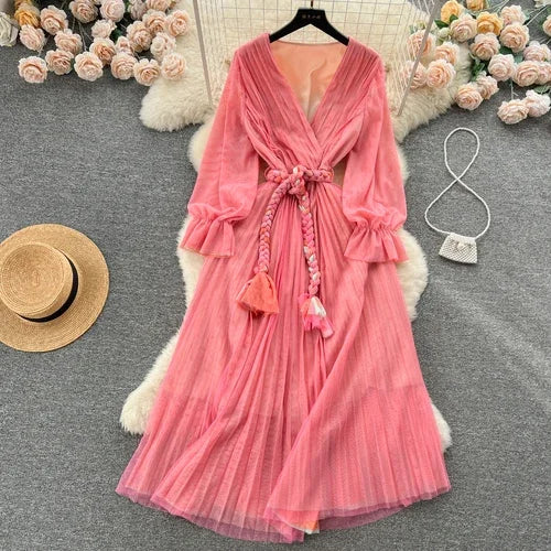 Pleated Mesh Chiffon V-Neck A-Line Dress