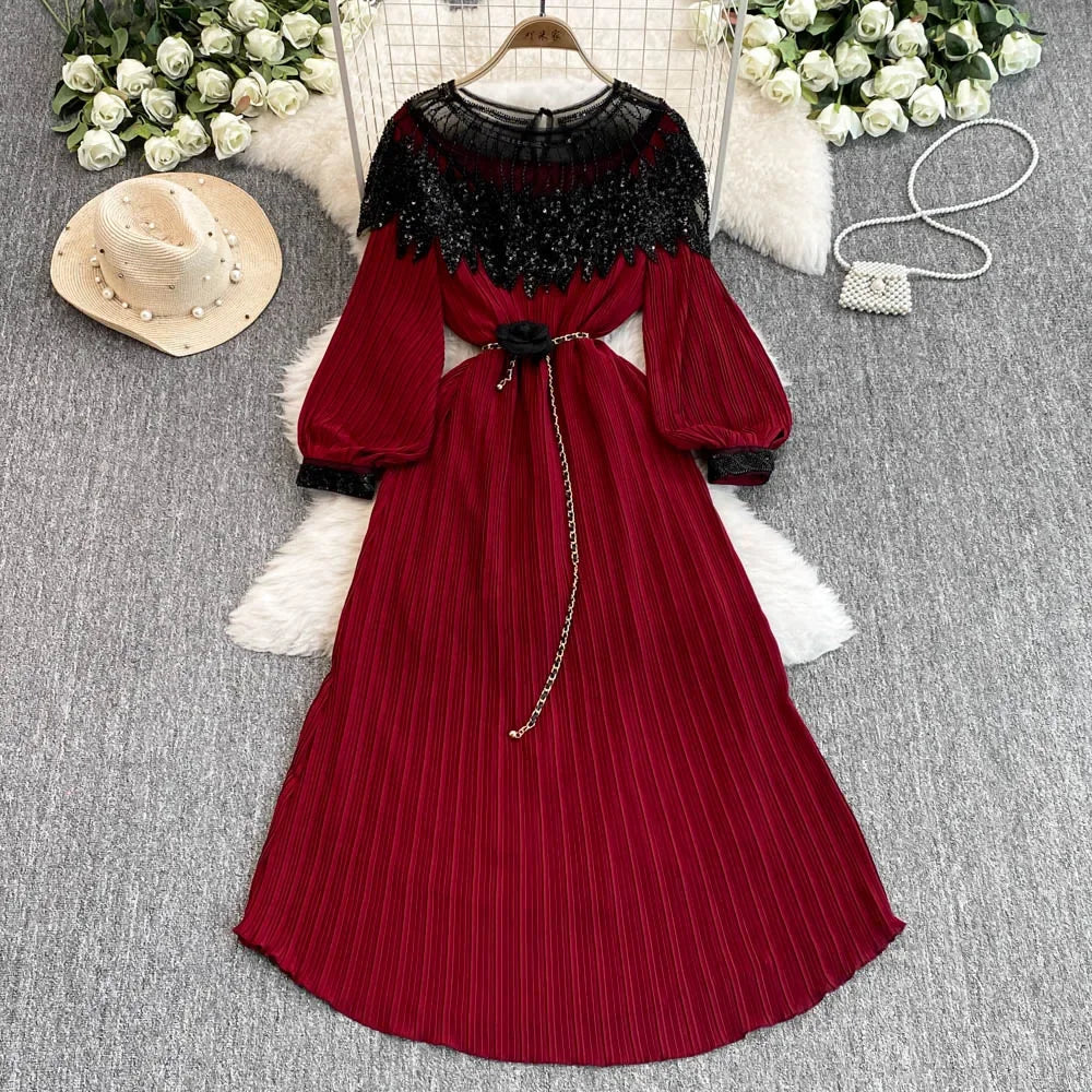 Rhinestone Lace-Up Lantern Sleeve Dress