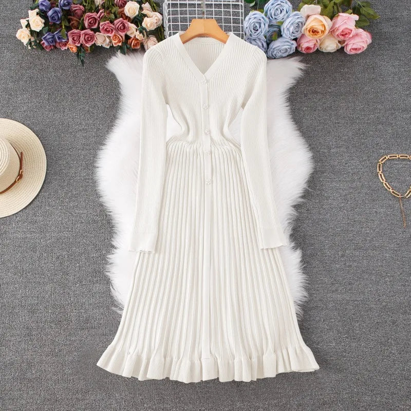 Pleated V-Neck Knit Maxi Sweater Dress