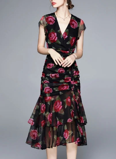Chiffon Print V-Neck Ruffle Mermaid Dress