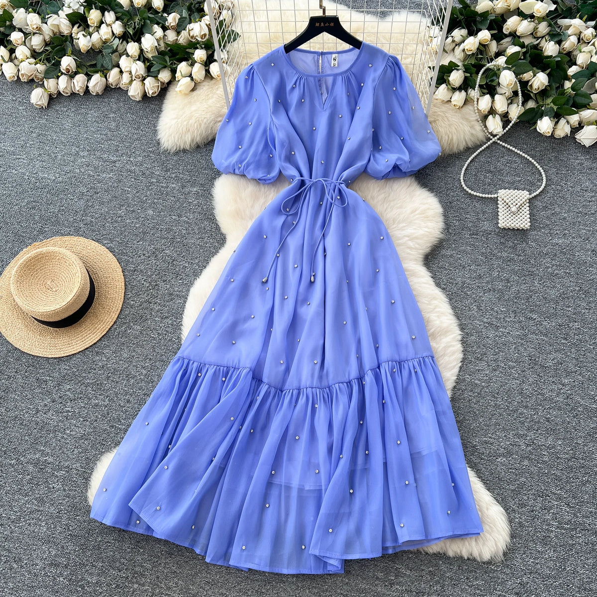 Rhinestone Mesh Lantern Sleeve Long Dress