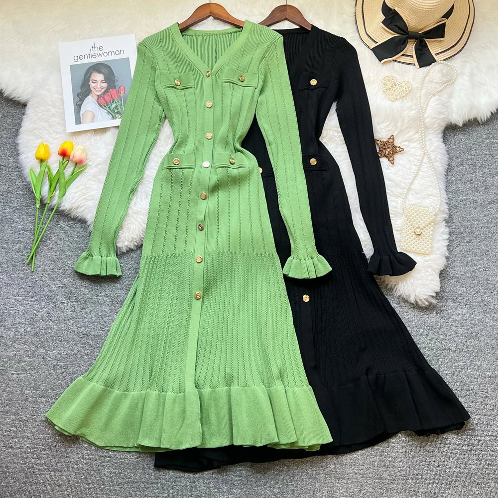 Vintage Patchwork Knit Midi Shirt Dress