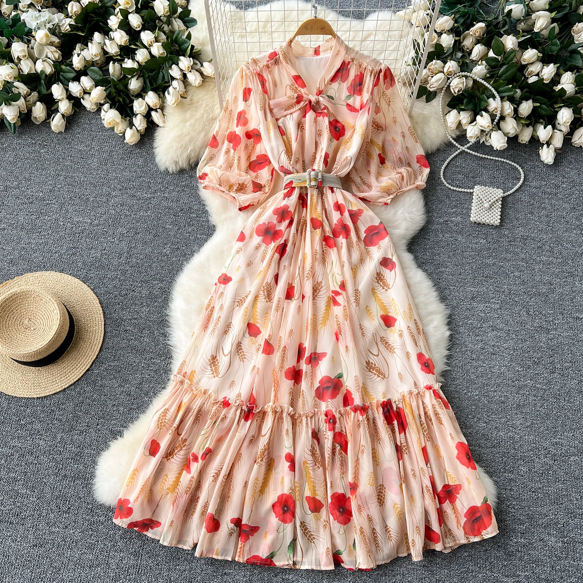 Vintage Print Bow Puff Sleeve Ruffle Dress
