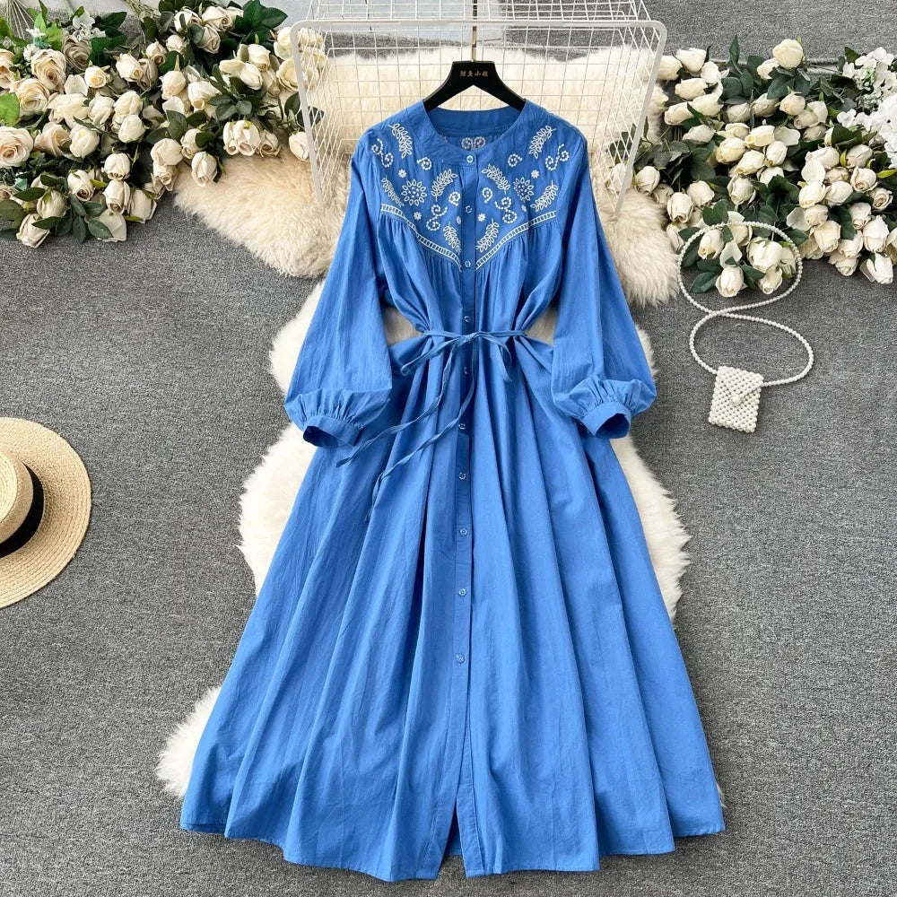 Embroidered V-Neck Boho A-Line Dress