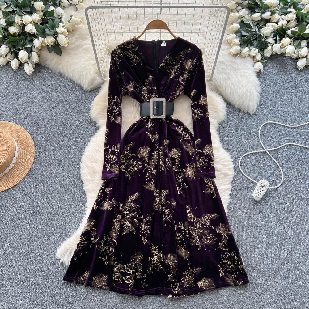Velour Print Long Sleeve A-Line Dress