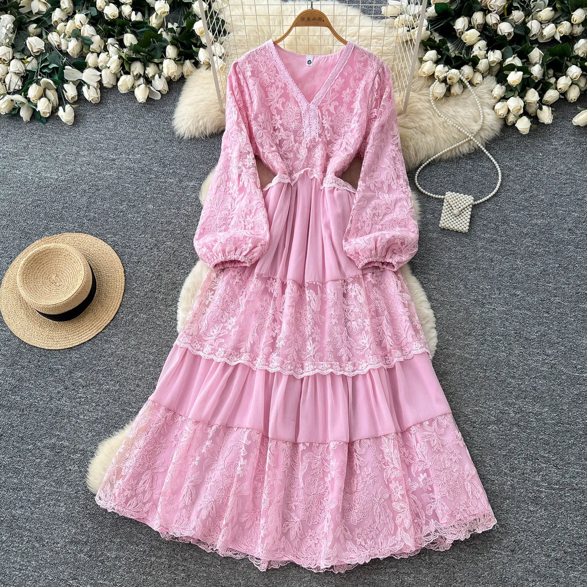 Lace Mesh V-Neck Ruffle Maxi Dress