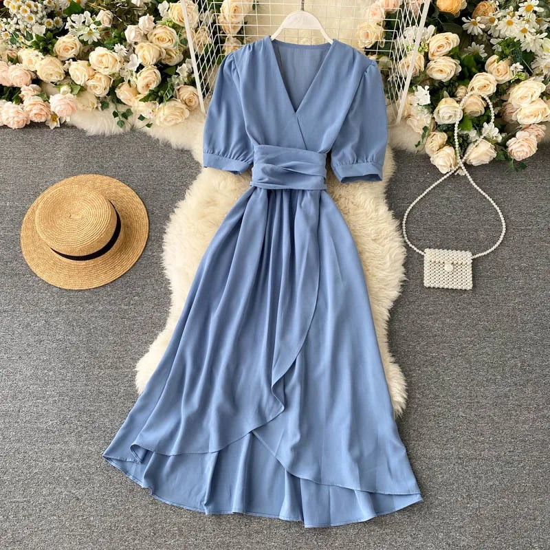 Vintage Solid Tie-Waist A-Line Maxi Dress