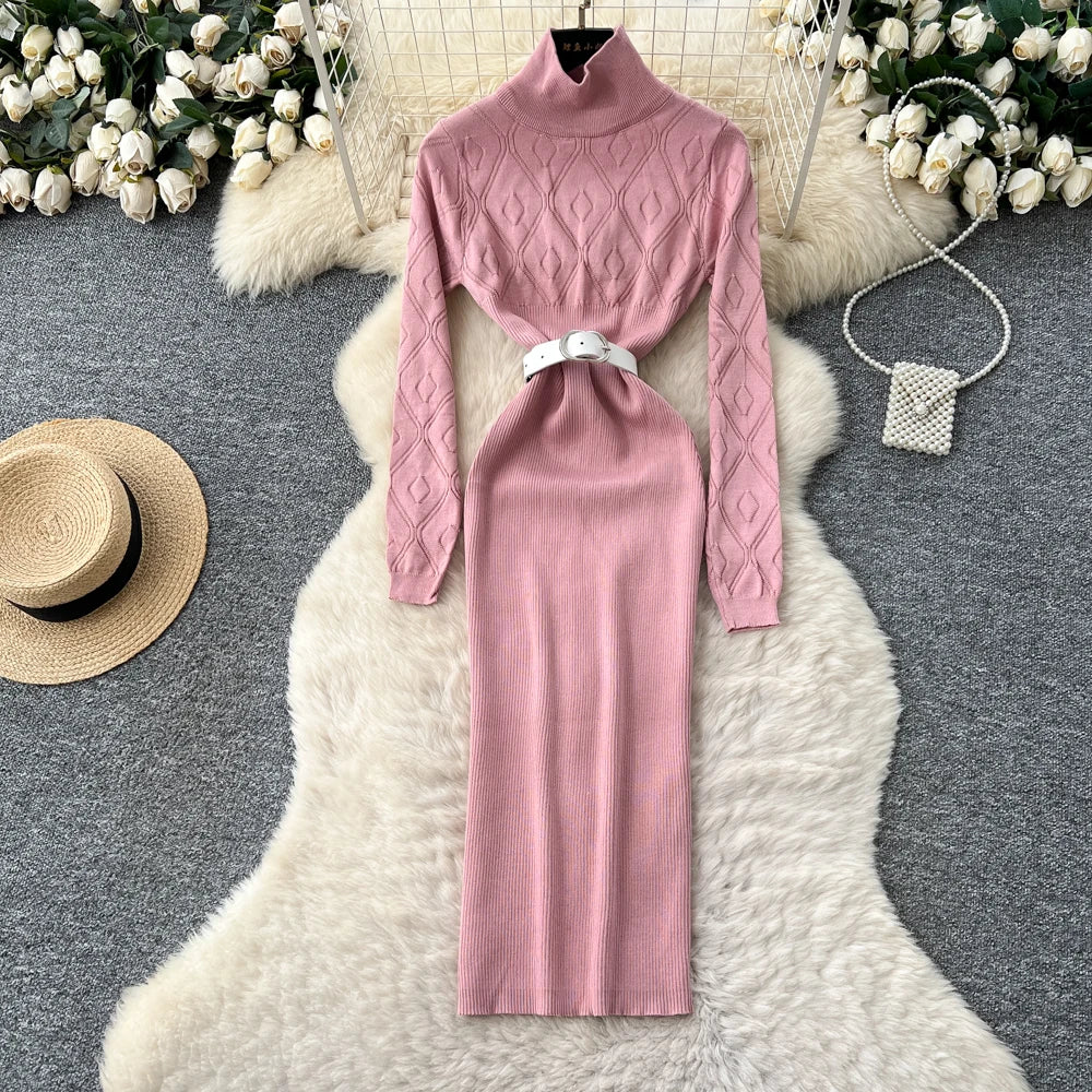 Belted Knit Long Sleeve Pencil Dress