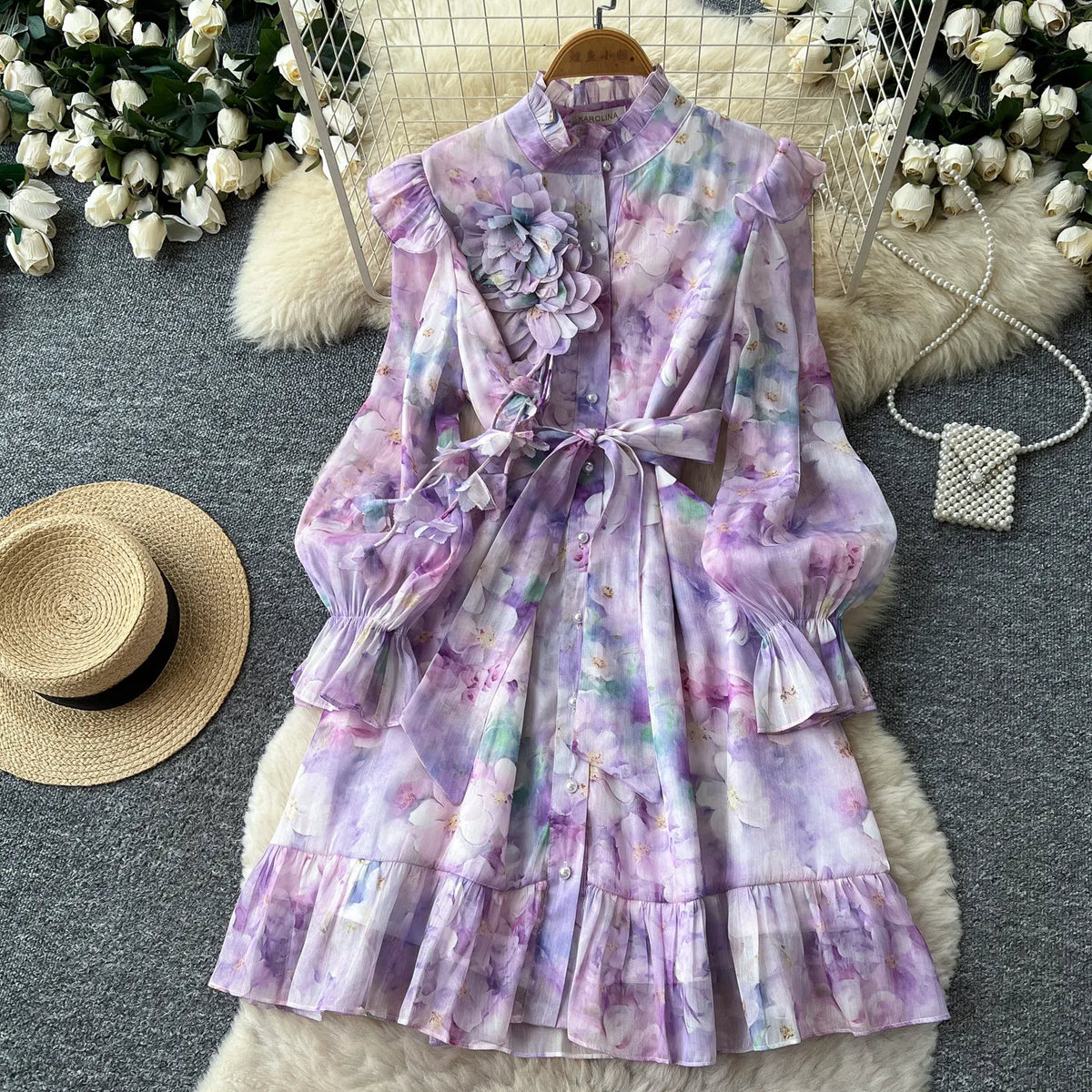 Ruffle Tie Waist Long Sleeve Dress