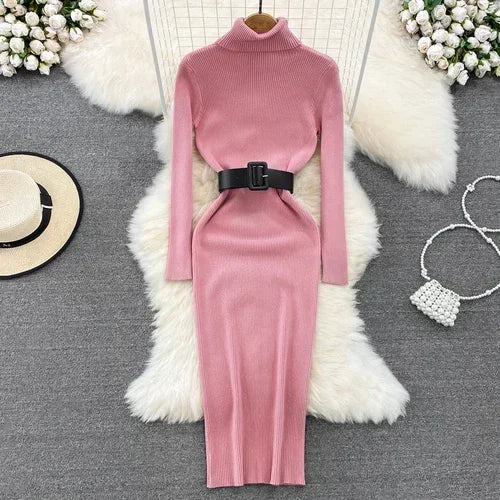 Belted Turtleneck Knit Pencil Dress