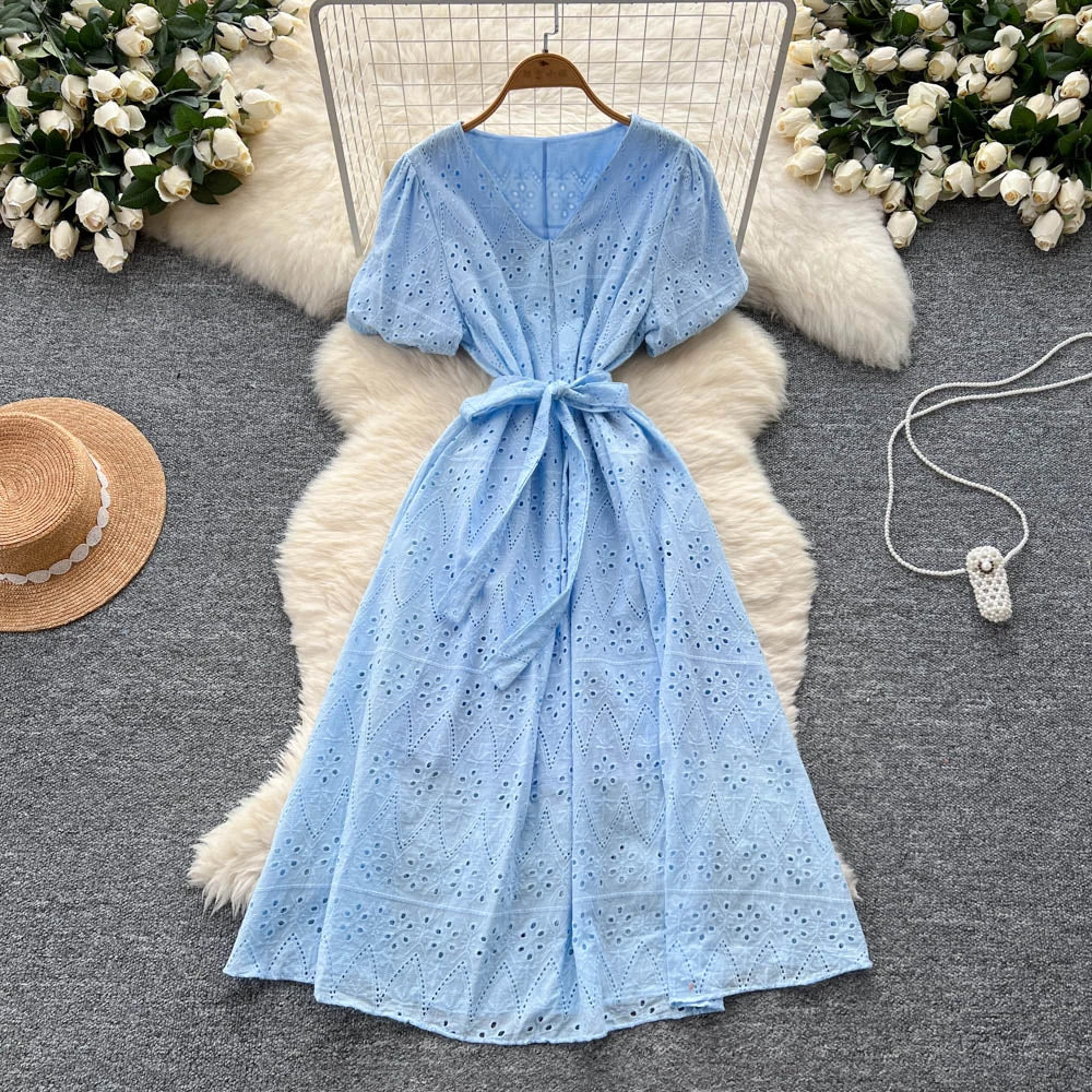 Crochet Puff Sleeve Pleated Maxi Dress