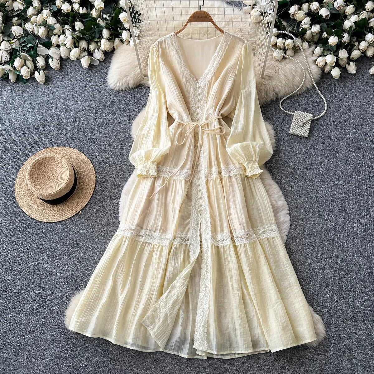 Lace V-Neck High Waist A-Line Dress