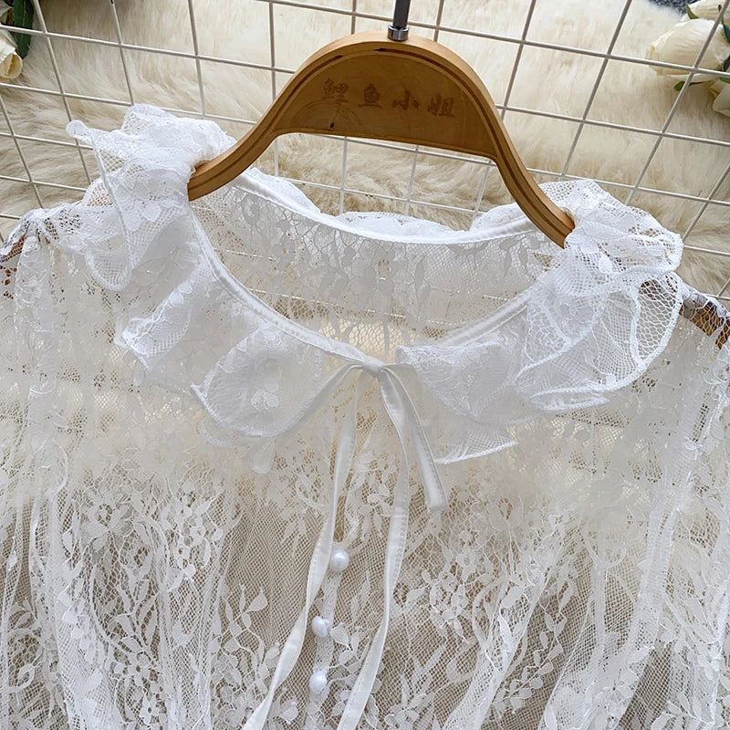 Black Lace Tie Neck Sheer Blouse