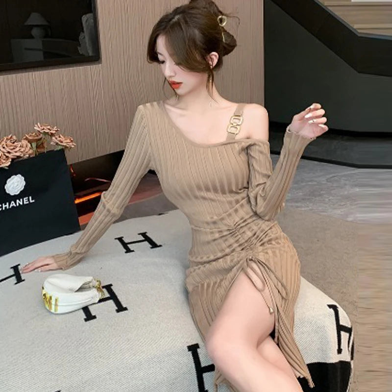 Ribbed Split Knit Bodycon Party Dress