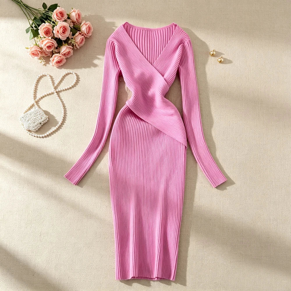 V-Neck Knit Bodycon Office Sweater Dress