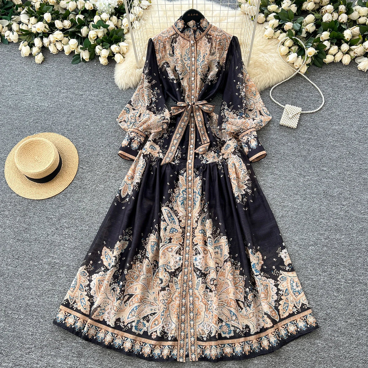 Printed Puff Sleeve Button Maxi Dress