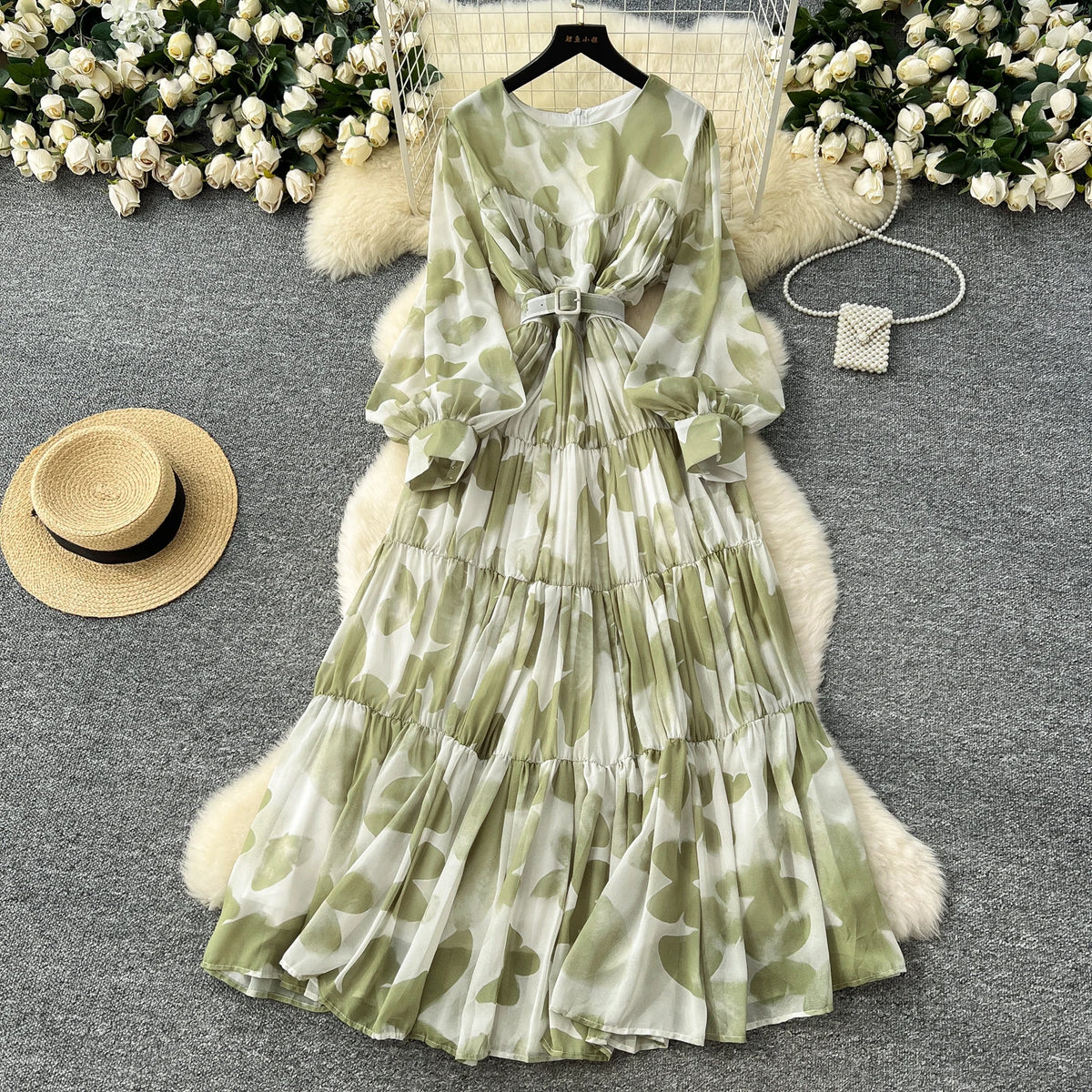 Print Lantern Sleeve Slim Party Dress