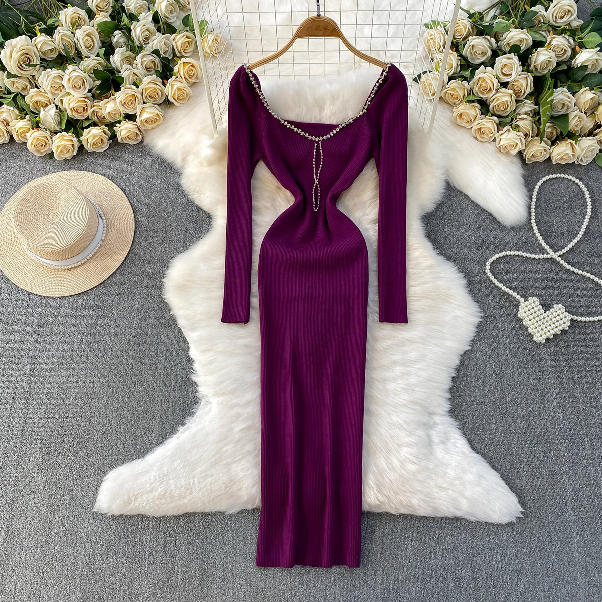 Square Neck Hollow Out Long Sleeve Dress