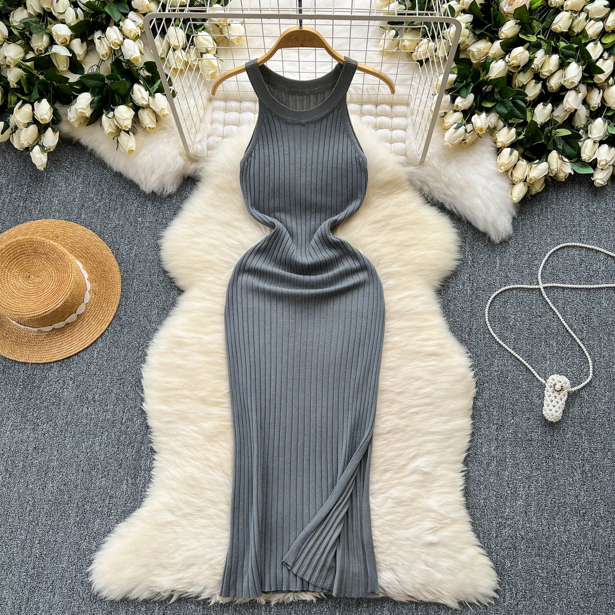Halter Off-Shoulder Split Knit Dress