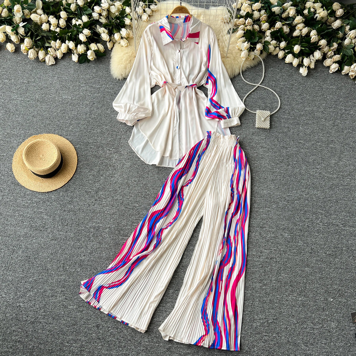 Print Pleated Top and Wide Leg Pants Set