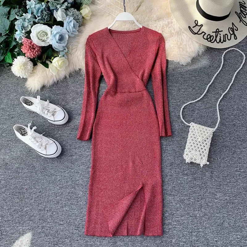 Metallic V-Neck Knit Sweater Dress